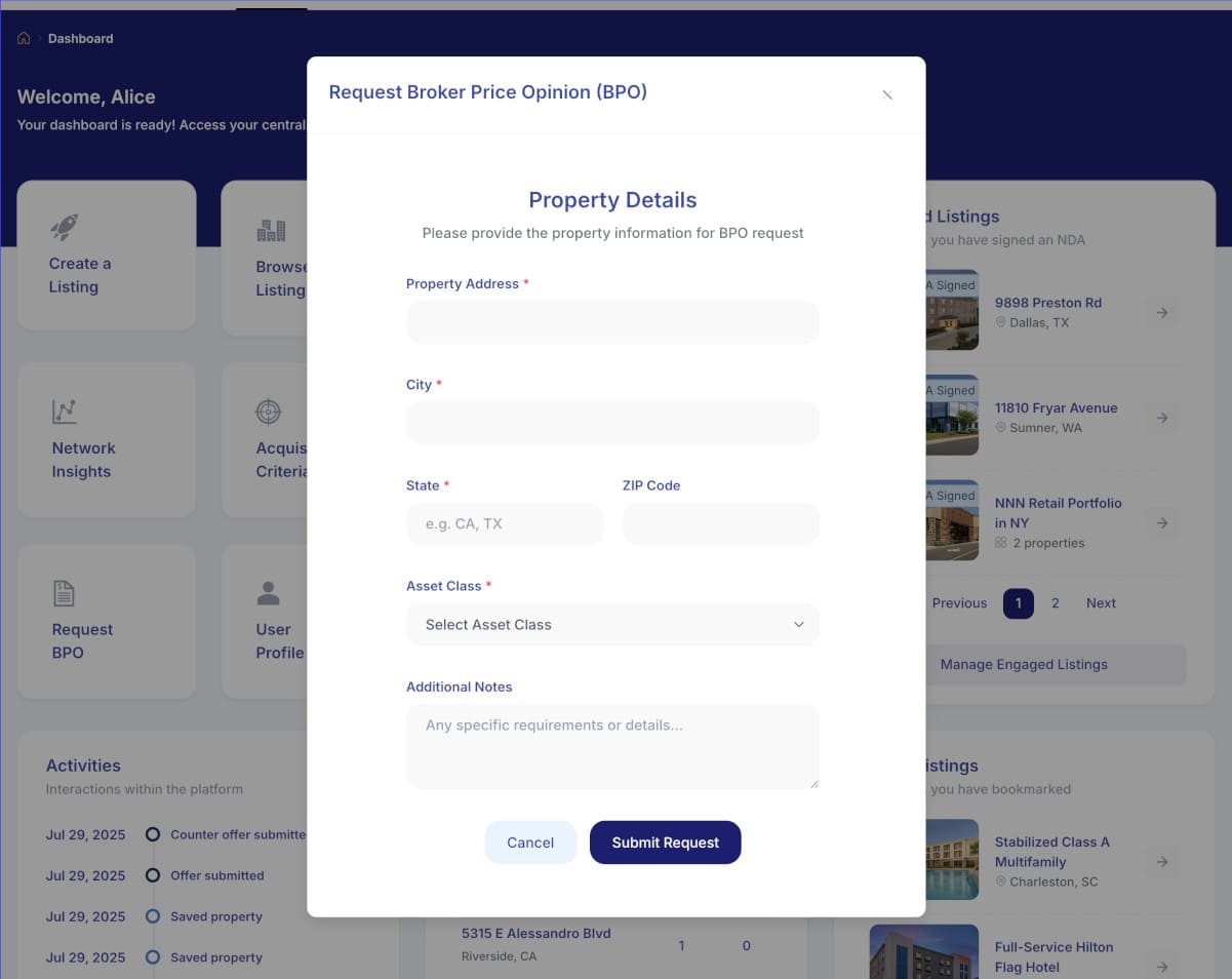 A form titled "Request Broker Price Opinion (BPO)" asks for property address, city, state, zip code, asset class, and optional requirements, with a "Submit Request" button at the bottom.