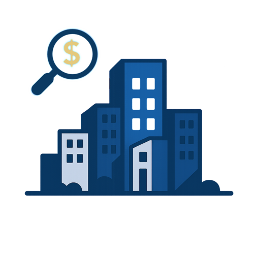 A group of blue buildings with a magnifying glass showing a dollar sign above them, suggesting real estate value or investment.