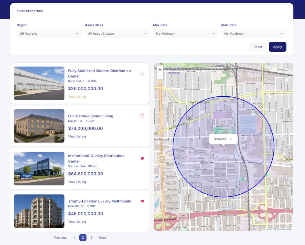 A property search interface shows filter options, a list of commercial properties with prices, and a map with a highlighted circular search area centered on Bellwood, IL.