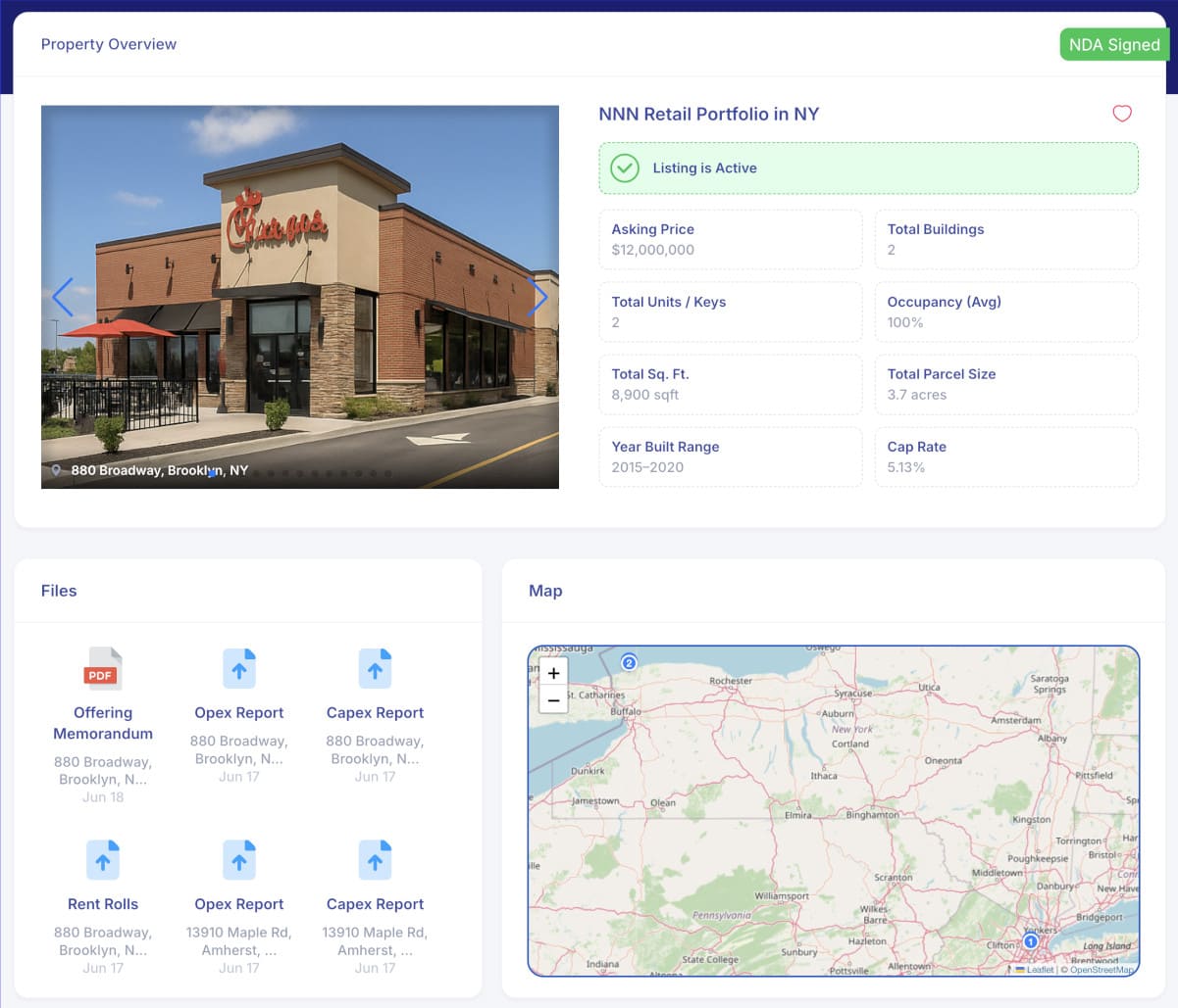Screenshot of a property overview page showing a retail portfolio in NY, featuring a Chick-fil-A image, property details, downloadable reports, and a map with property locations.